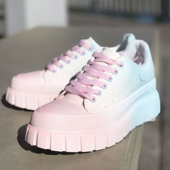 NEW Pastel Pink Blue Ombre Kawaii Cute Platform Low Top Laced Up Sneakers Shoes - Picture 1 of 11